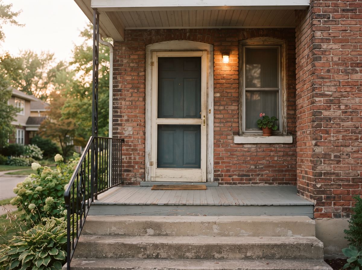 The front porch of an older brick house in warm evening light, with worn concrete steps and a painted door.